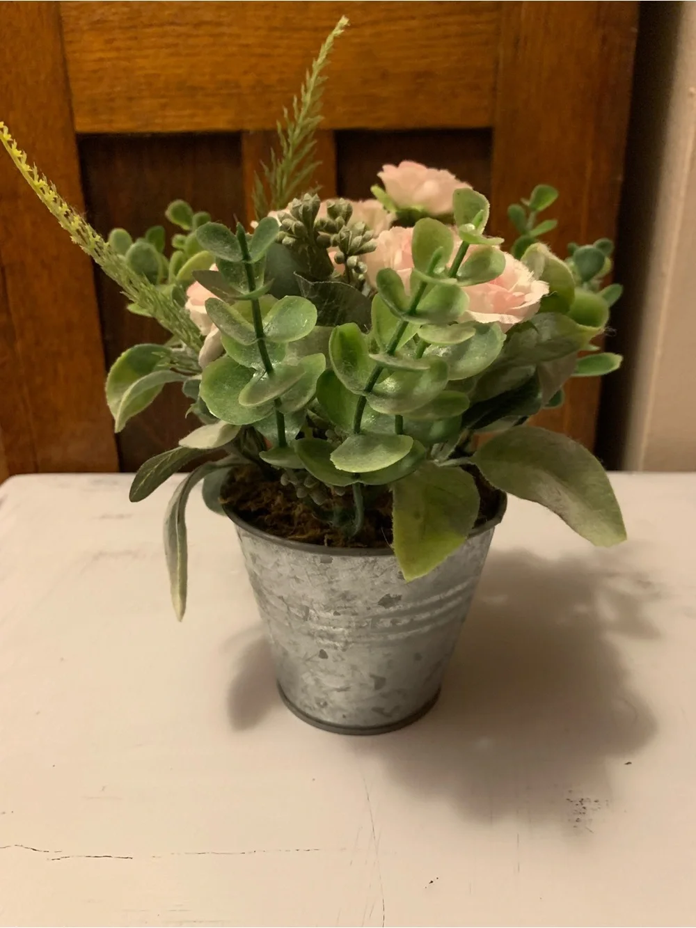 Artificial Pink Rose and Eucalyptus Arrangement in Galvanized Pot